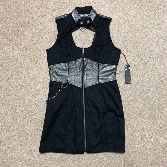 Lip Service 2010 Das Bunker Black Silver Vinyl Military Sleeveless Mini Dress XL - Picture 2 of 5